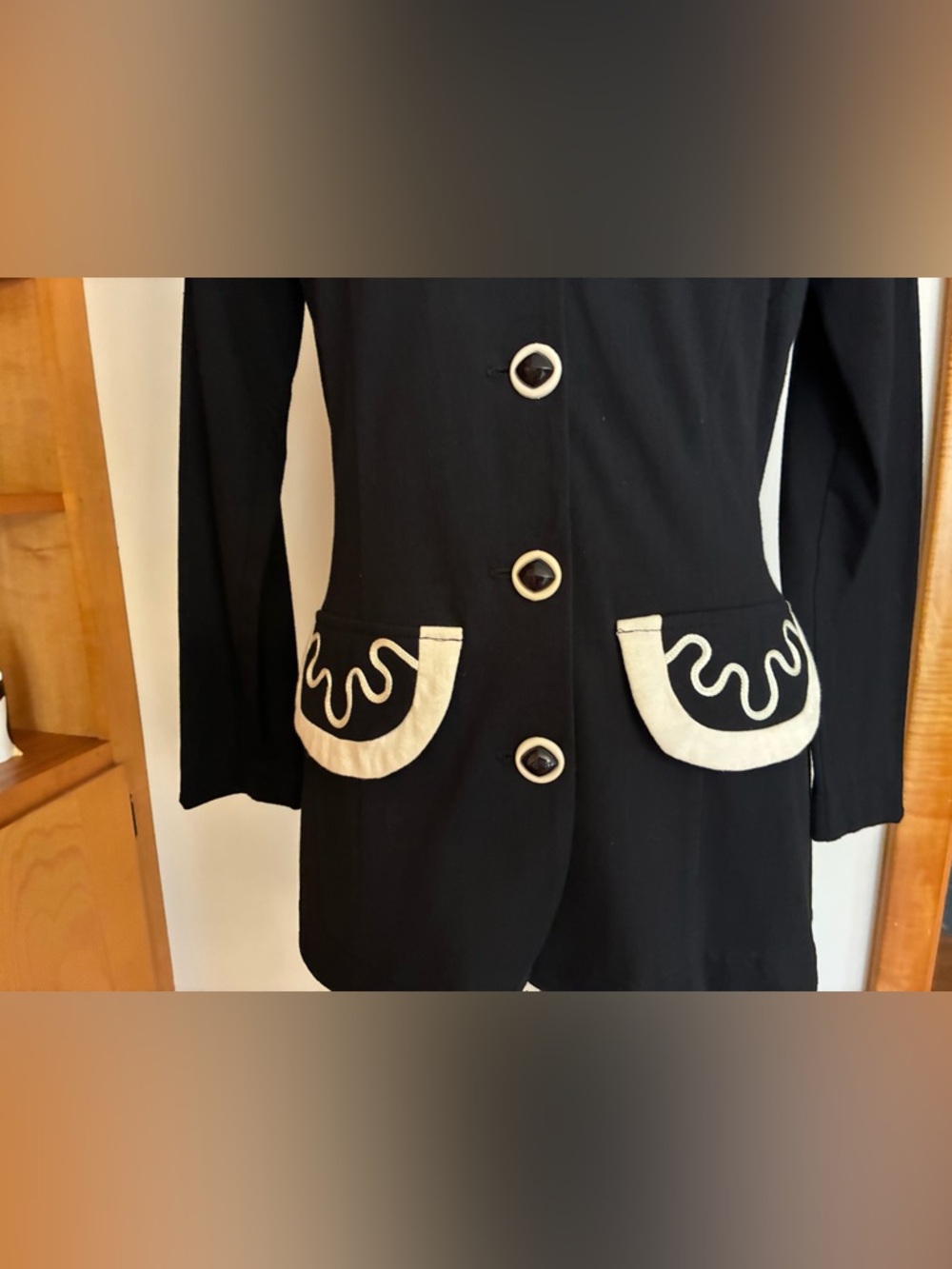 Pointed Lapel Black with White Contrast Faux Pocket Jacket Whimsical Detail MCM - Picture 4 of 7